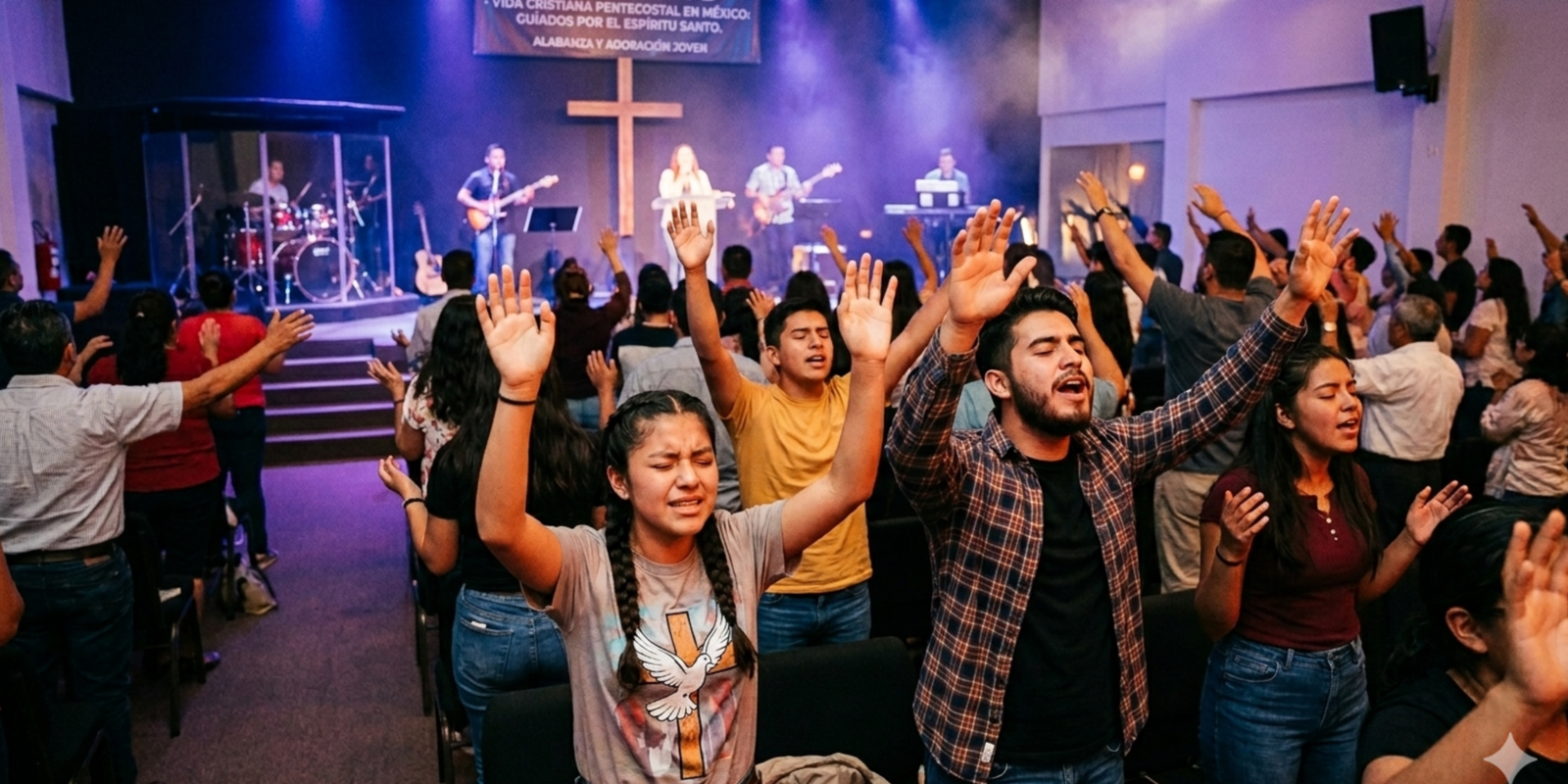 Home fe cristiana foto de iglesia alabando, colores azules, morado, calidos, cristianos pentecostales en mexico, presencia de dios, una vida guiada por el espitu santo, vida cristiana